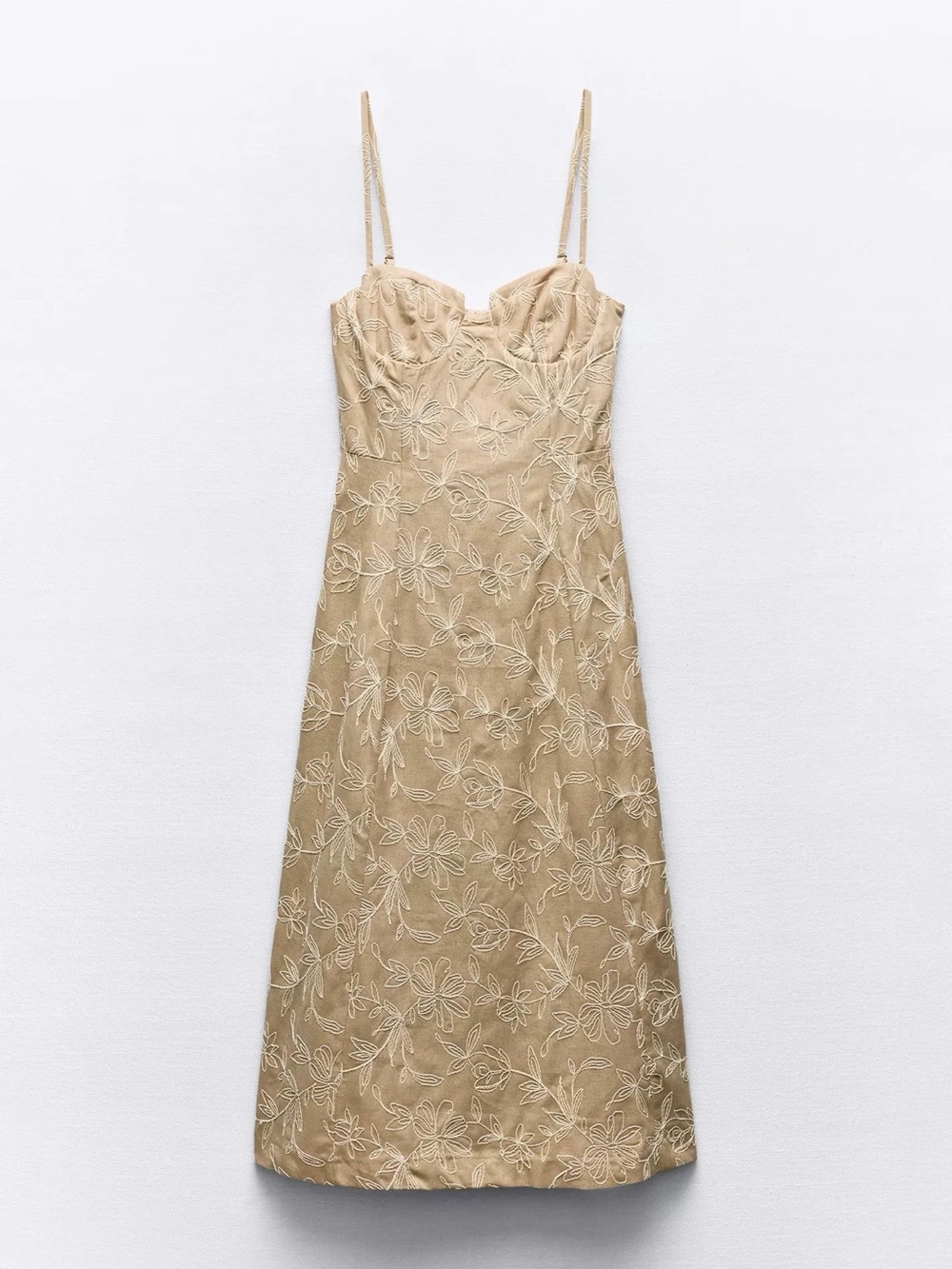 Zara Floral Embroidered Slip Midi Dress - Beige